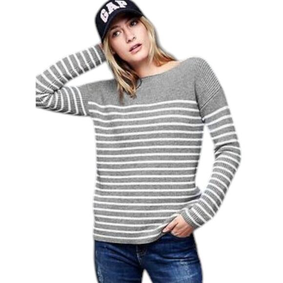 GAP Striped Merino Wool Blend Sweater Gray White Long Sleeve Pullover Size L - Picture 1 of 6